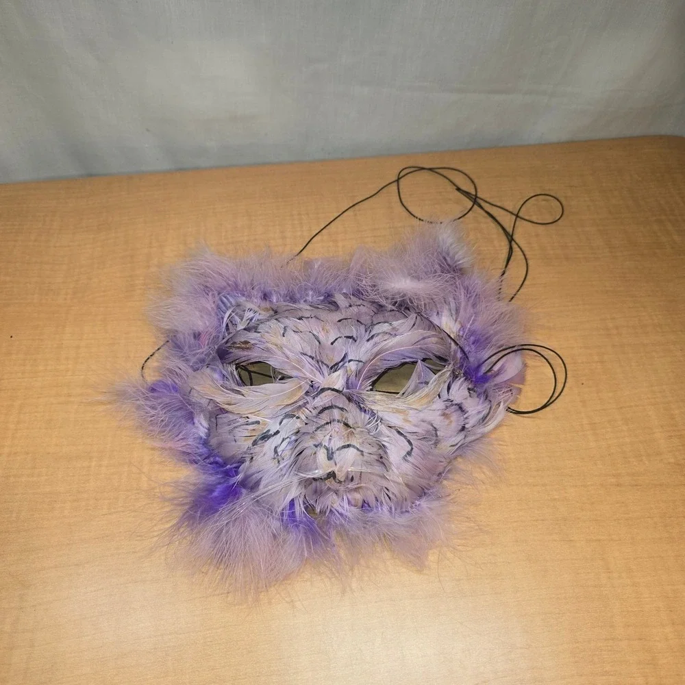 Marti‎ Gras Cat Kitten Purple Mask Vintage Handmade feathers whiskers